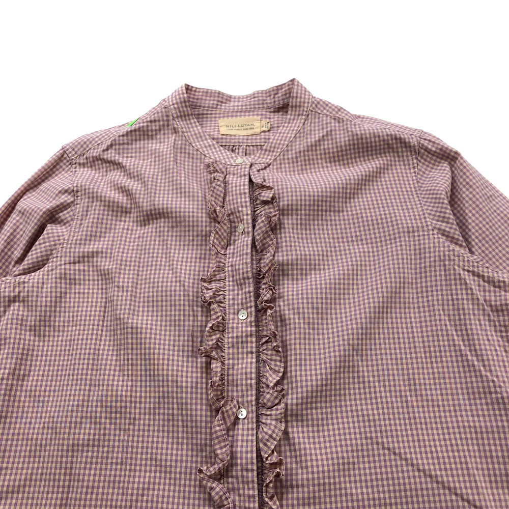 Nili Lotan XL Ruffle Smocked Peasant Button LS Check Shirt Purple Beige PLS READ